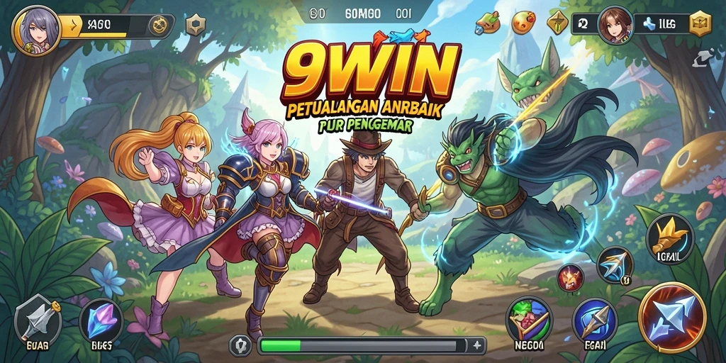 Tangkapan layar gameplay 9WIN menampilkan pertarungan dinamis karakter anime.