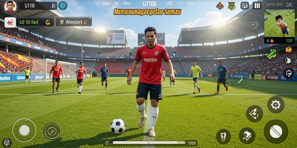 Tampilan gameplay GT108 yang memukau dengan aksi sepak bola seru.