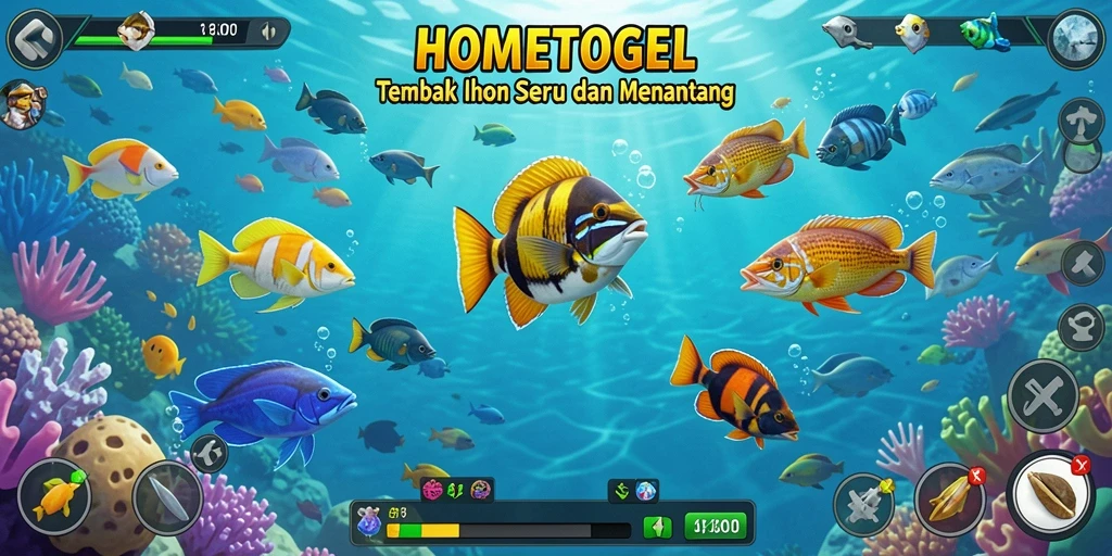 Tangkapan layar HOMETOGEL menunjukkan aksi menembak ikan yang seru.