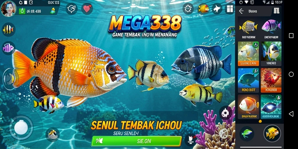 Tampilan gameplay MEGA338 yang penuh warna saat menembak ikan.