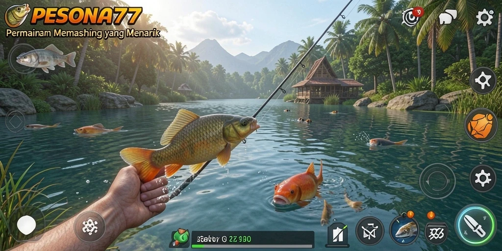 Tampilan utama gameplay PESONA77 yang menunjukkan aksi memancing yang seru.