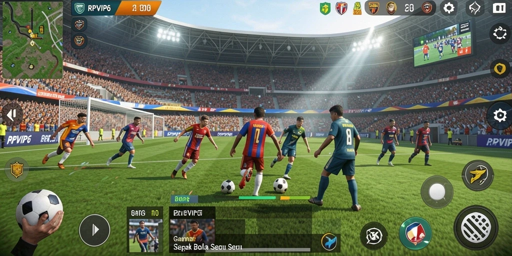 Tangkapan layar dari gameplay <strong>RPVIP6</strong> menunjukkan pertandingan sepak bola yang mendebarkan.