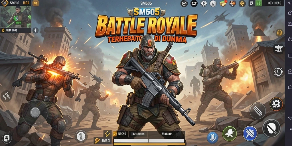 Screenshot utama SM605 yang menunjukkan aksi pertempuran intens dalam Battle Royale.