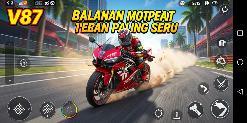 Screenshot V87 menampilkan aksi balapan motor yang seru dan mengesankan.